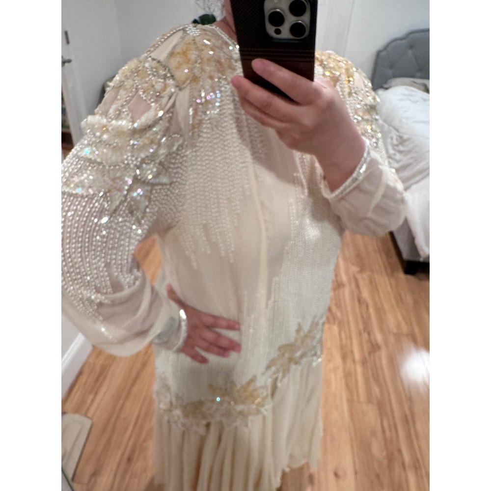 Vintage Hand Beaded Sequin Formal L Evening Gown Embellished Acetate Lined Dress - Picture 12 of 13